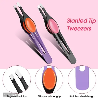 Chumia 5 Pieces Non-Slip Grip Tweezers Slanted Tip Stainless Steel Tweezer Wide Precision Tip Clip Tweezer for Ingrown Hair Eyebrow Shaping Splinter Blackhead Remover (Colorful Rubber Grip)-thumb3