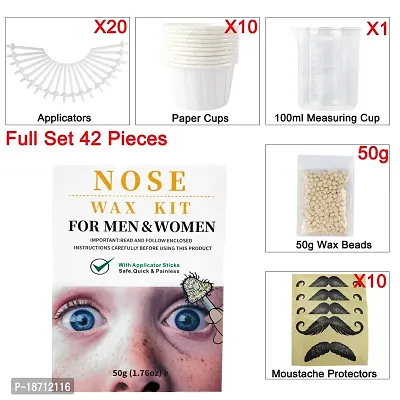 Nose Wax Kit for Men Women, Nose Hair Removal Waxing Kit Eyebrows Ears Lips Facial Nose Hair Remover Wax with 50g Hard Wax Beads 20 Applicators 10 Paper Cups 8 Moustache Protectors  1 Measuring Cup-thumb3