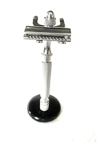 Razor and Stand, Long-handled Razor, Straight Cut, Chrome Precise Shaver with Safety Razor and Brush Stand Included-thumb3
