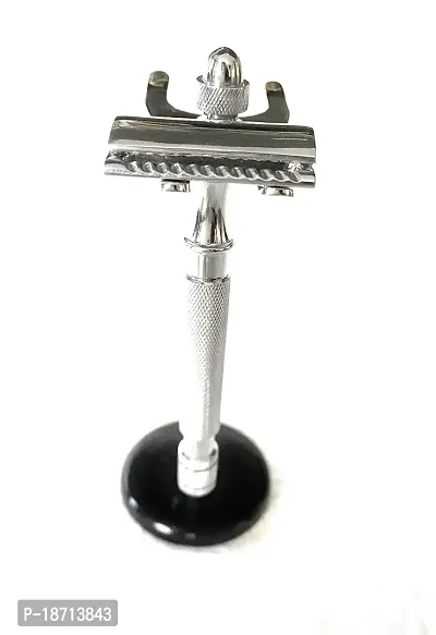 Razor and Stand, Long-handled Razor, Straight Cut, Chrome Precise Shaver with Safety Razor and Brush Stand Included-thumb4