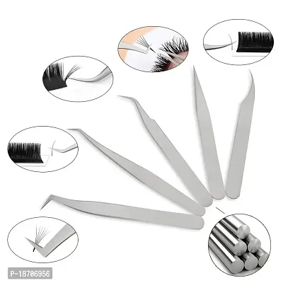 Matte, 5 Pcs: Quewel Lash Eyelash Extension Tweezers Set Eyelash Applicator Tool Curved And Straight Pointed Tweezers Lash Extension Supplies Stainless Steel Precision Tweezers Sil-thumb2