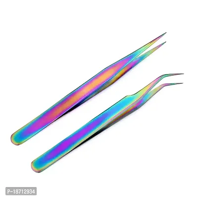 Aysekone 2 Pcs Rainbow Stainless Steel Curved Tweezers + Straight Tweezer for Rhinestones Picker Eyebrow Eyelash Tweezers Manicure Nail Art Tools