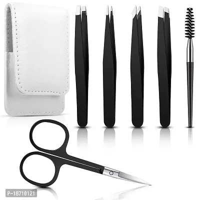 6 Pieces Eyebrow Tweezers Set with Curved Scissors, Eyelash Brush Stainless Steel Brow Remover Tools for Women and Girls, Hair Plucking Daily Beauty Tool with Storage Case (Classic Color)