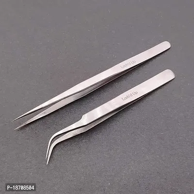 Lash'd Up 2 Pcs Stainless Steel Tweezers for Eyelash Extensions, Straight and Curved Tip Tweezers Nippers, False Lash Application Tools, Polished Steel-thumb2