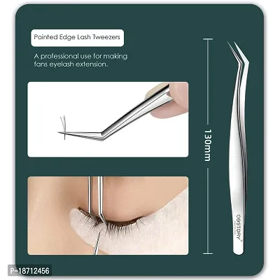 Costory Tweezers for Eyelash Extension - Straight and Curved Pointed Tip Tweezers Professional Stainless Steel Precision Eye False Lash Tweezers Set 2 Pcs Silver (Volume Tweezer)-thumb5