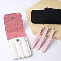 3Pcs Professional Stainless Steel Eyebrow Hair Removal Tweezer Set Brow Remover Tweezer Clips Beauty Tools with PU Leather Travel Case for Women and Girls, Pink-thumb1