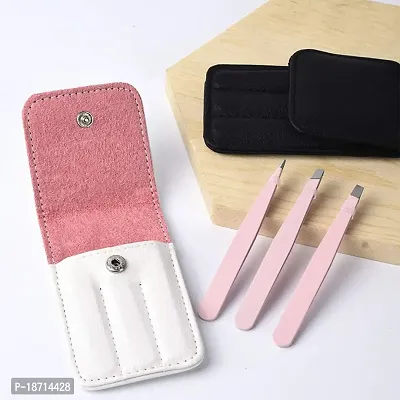 3Pcs Professional Stainless Steel Eyebrow Hair Removal Tweezer Set Brow Remover Tweezer Clips Beauty Tools with PU Leather Travel Case for Women and Girls, Pink-thumb2