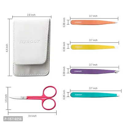 FIXBODY Tweezers Set 5-Piece - Professional Stainless Steel Tweezers with Curved Scissors, Precision Tweezer for Eyebrows, Splinter  Ingrown Hair Removal with Leather Travel Case (5 colors)-thumb2