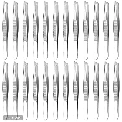 Stainless Steel Tweezers - 24 Pieces Slant Tip Tweezers Set - Precision Facial Hair Tweezers - Comfort Grip Long Silver Tweezers for Ingrown Hair - Professional Eyebrow Tweezers for Men and Women