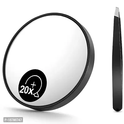 OMIRO 20X Magnifying Mirror and Eyebrow Tweezers Kit, 3.5 Two Suction Cups Magnifier Travel Set