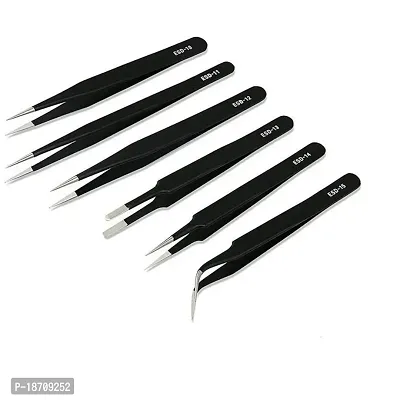 Tovip 6 Pcs Esd Tweezers Set Anti-Static Tweezers Stainless Steel Tweezers For Eyelash Extension, Electronics, Jewelry-Making - Straight And Curved Tip Tweezers - Black-thumb0