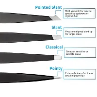 Rikans Precision Tweezers Set ? Pack of 4 Black Professional Tweezers ? Handy Carry Pouch ? Superior Stainless Steel Tweezer Set ? Splinters, Eyebrows, Facial or Ingrown Hair ? Blackheads Remover-thumb1