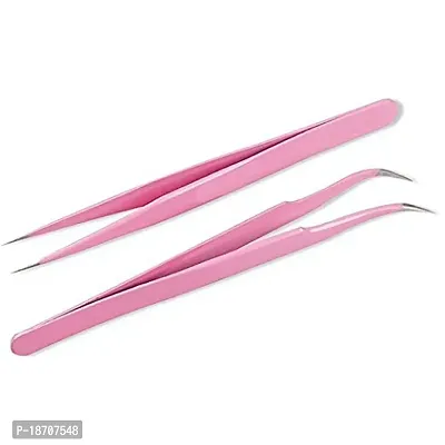 VNDEFUL 2 Pcs Pink Stainless Steel Tweezers for Eyelash Extensions