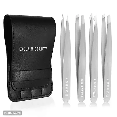 EXCLAIM BEAUTY Tweezers for Women  Men Pack of 4 Stainless Steel Tweezers Set, Precision Tweezers for Eyebrows Splinter Ingrown Hair Removal Tweezers Kit for Women with Leather Case ?euro;ldquo; Silver