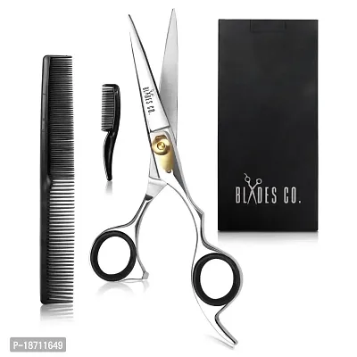 Blades Co. Stainless Steel Hair Cutting Scissor, Professional Salon Shears For Beard Trimming, Mustache And Grooming Hair - 6.5 Inch Barber Scissor For Men And Women With Comb And Pouch