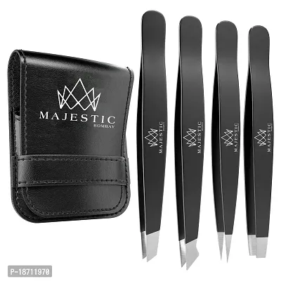 Tweezers Set 4-piece-Stainless Steel Slant Tip  Sharp Pointed Eyebrow Tweezer Set-Precision Facial Hair Removal Tweeezers,Eyebrow Hair,Splinter,Blackhead,Ingrown Hair Tick Remover-Ends Meet Perfect