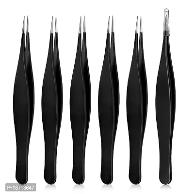 6 Pieces Ingrown Hair Tweezers Precision Needle Nose Pointed Tweezers Stainless Steel Tweezers for Facial Hair Eyebrow Blackhead Remover (Black)