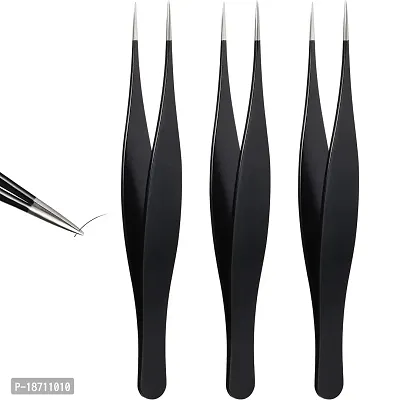 3 Pieces Tweezers for Ingrown Hair Stainless Steel Pointed Blackhead Remover Precision Eyebrow and Splinter Removal Tweezers (Black)