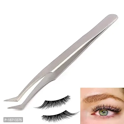 G.S Volume Eyelash Extension Tweezer - Professional Angled Curved Pointed L-Shaped Precision Tweezers for 3D 4D 6D Lashes Extension - Silver ELT-024-thumb2