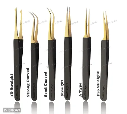 Alluring Black with Gold Tip Tweezers for Eyelash Extension - 3D Straight