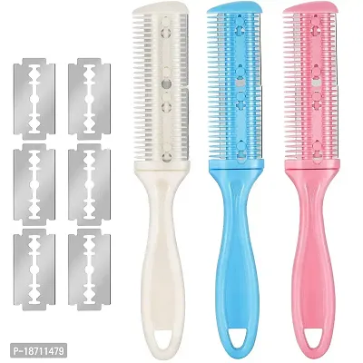 3 Pieces Razor Comb with 10 Pieces Razors, Hair Cutter Comb, Dual Side Cutting Scissors, Double Edge Razor Blades, Hair Thinning Comb Slim Haircuts Cutting Tool (White, Black and Blue)
