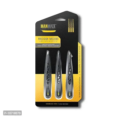 Man Made: Set of 3 Precision Tweezers, For Beards, Mustache and Eyebrows, Tweezers, Pointed Tip, Slanted Tip, and Flat Tip Become a Better Man (Yellow)-thumb0