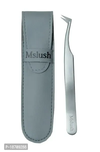 Volume Lashes Eyelash Extension Tweezers, Premium Stainless Steel Precision Mega L Curved Angled Tip, Professional 4.5 Inches Tool Comes with Synthetic Leather Pouch by Mslush