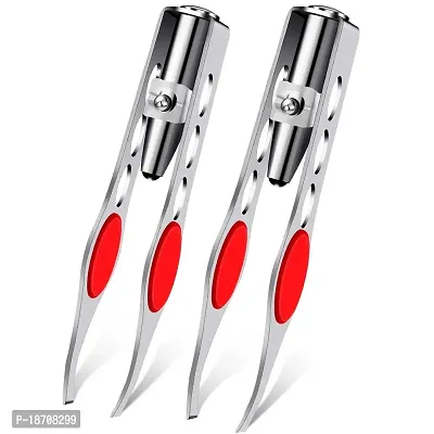 2 Pieces Tweezers with LED Light Hair Removal Lighted Tweezers Makeup Tweezers with Light for Women Precision Eyebrow Hair Removal Tweezers Stainless Steel Tweezers (Red)-thumb0