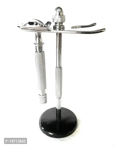 Razor and Stand, Long-handled Razor, Straight Cut, Chrome Precise Shaver with Safety Razor and Brush Stand Included