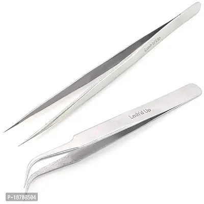 Lash'd Up 2 Pcs Stainless Steel Tweezers for Eyelash Extensions, Straight and Curved Tip Tweezers Nippers, False Lash Application Tools, Polished Steel