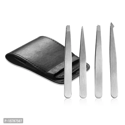 Vtrem 4 Piece Tweezers for Eyebrows Professional Stainless Steel Tweezers Set Slant tip, Pointed  Straight Best Precision Tweezers for Facial  Ingrown Hairs, Splinter, Blackhead (Silver)