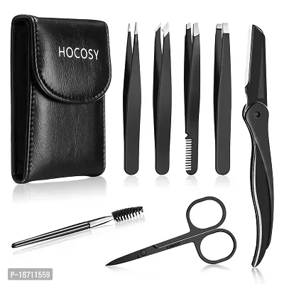 Eyebrow Tweezers Set, HOCOSY 7 in 1 Eyebrow Kit includes Eyebrow Scissors, Brush, Eyebrow Razor, Stainless Steel, Best Precision Eyebrow Shaper Trimmer for Ingrown Hair with Leather Travel Case