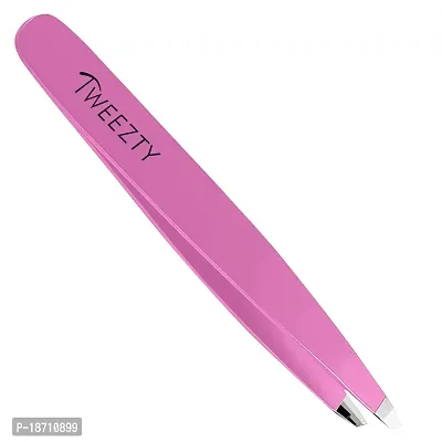 Tweezty Slanted Tweezers - Stainless Steel Tweezers Best Precision Pink Tweezers for Eyebrows