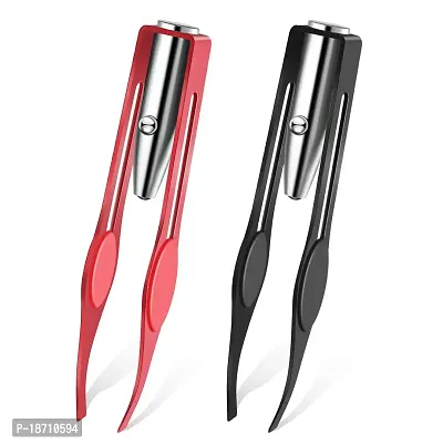 LED Tweezers 2 Pieces Lighted Tweezers Stainless Steel Tweezers with Light Professional Eyelash Eyebrow Tweezers Makeup Hair Removal Tools for Men Women Applications, Black, Red-thumb0