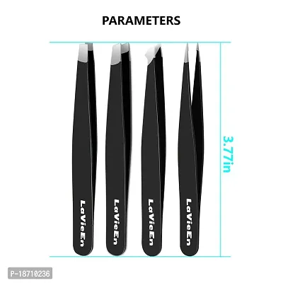 Precision Tweezers Set 4-Piece Professional Stainless Steel Tweezers, LaVieEn 4 Pack Tweezers Precision for Eyebrows, Splinter and Ingrown Hair Removal with Leather Travel Case (Black)-thumb4