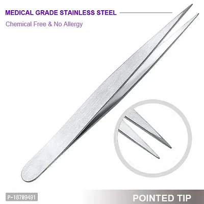 Colormilky Silver: Tweezers Eyebrows Best Precision For Ingrown Facial Hair Removal 4-Piece Pointed Slant Flat Tips First Aid Splinter Professional Classic-Slant-Angled-Pointed (Silver)-thumb4