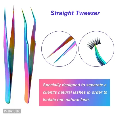 Hotop 2 Pieces Straight and Curved Tip Tweezers Nipper for Eyelash Extensions, Stainless Steel False Lash Application Tools (Iridescence)-thumb4