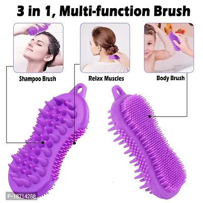 Scalp Massager Shampoo Brush, 3 in 1 Bath Brush Body Scrubber, Silicone Scalp Brush for Men, Women and Children, Manual Bath Body Massaging Brush(Purple and Orange)-thumb3