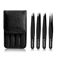 Precision Tweezers Set 4-Piece Professional Stainless Steel Tweezers, LaVieEn 4 Pack Tweezers Precision for Eyebrows, Splinter and Ingrown Hair Removal with Leather Travel Case (Black)-thumb1