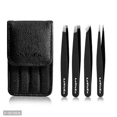 Precision Tweezers Set 4-Piece Professional Stainless Steel Tweezers, LaVieEn 4 Pack Tweezers Precision for Eyebrows, Splinter and Ingrown Hair Removal with Leather Travel Case (Black)-thumb2