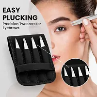 EXCLAIM BEAUTY Tweezers for Women  Men Pack of 4 Stainless Steel Tweezers Set, Precision Tweezers for Eyebrows Splinter Ingrown Hair Removal Tweezers Kit for Women with Leather Case ?euro;ldquo; Silver-thumb1