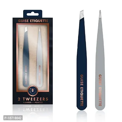 GUISE ETIQUETTE - 2 Pack Precision Tweezers Set | Precision Stainless Steel with Powder Coated Non Slip Grip | Includes Slant Tip Tweezers  Fine Tip Tweezers | Great for Plucking Hair  Splinters