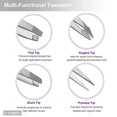 Colormilky Silver: Tweezers Eyebrows Best Precision For Ingrown Facial Hair Removal 4-Piece Pointed Slant Flat Tips First Aid Splinter Professional Classic-Slant-Angled-Pointed (Silver)-thumb3