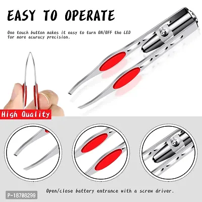 2 Pieces Tweezers with LED Light Hair Removal Lighted Tweezers Makeup Tweezers with Light for Women Precision Eyebrow Hair Removal Tweezers Stainless Steel Tweezers (Red)-thumb5