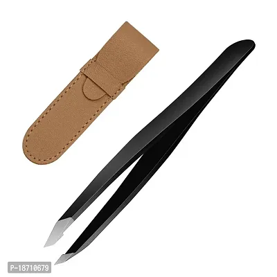 CGBE Tweezers for Eyebrows Professional Stainless Steel Slant Tip Tweezer For Men  Women Great Precision on Brow Facial Hair Ingrown Hair 1 Pack (Black)