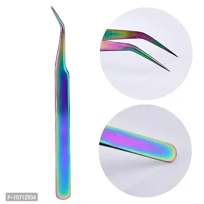 Aysekone 2 Pcs Rainbow Stainless Steel Curved Tweezers + Straight Tweezer for Rhinestones Picker Eyebrow Eyelash Tweezers Manicure Nail Art Tools-thumb3