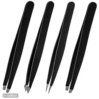 Tweezers for Eyebrows Slant Pointed Flat Angled 4 Piece Precision Splinter (Black)