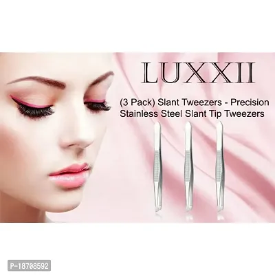 Luxxi (3 Pack) Slant Tweezers - Stainless Steel Slant Tip Tweezers Hair Plucker for Hair and Eyebrows Personal Care (Silver Tone)-thumb2