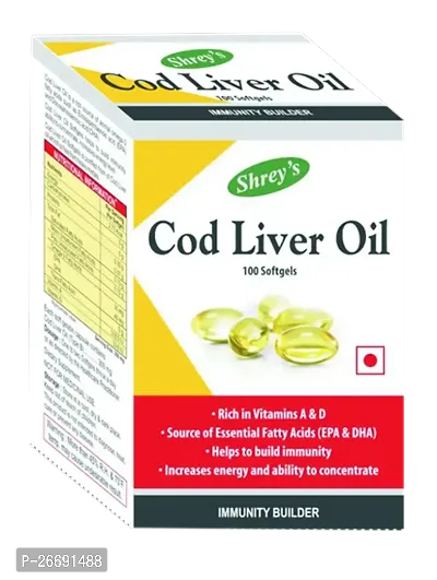 Shrey's Cod Liver Oil | Vitamins A  D | Boost Immunity | Increase Energy Level | Supports Healthy Heart | Maintain Healthy Brain and Vision Health - 100 Capsules (Immunity Booster)