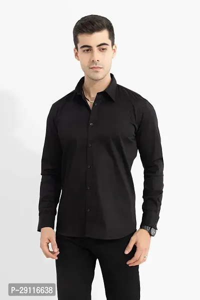 Classic Black Cotton Blend  Solid Casual Shirt For Men